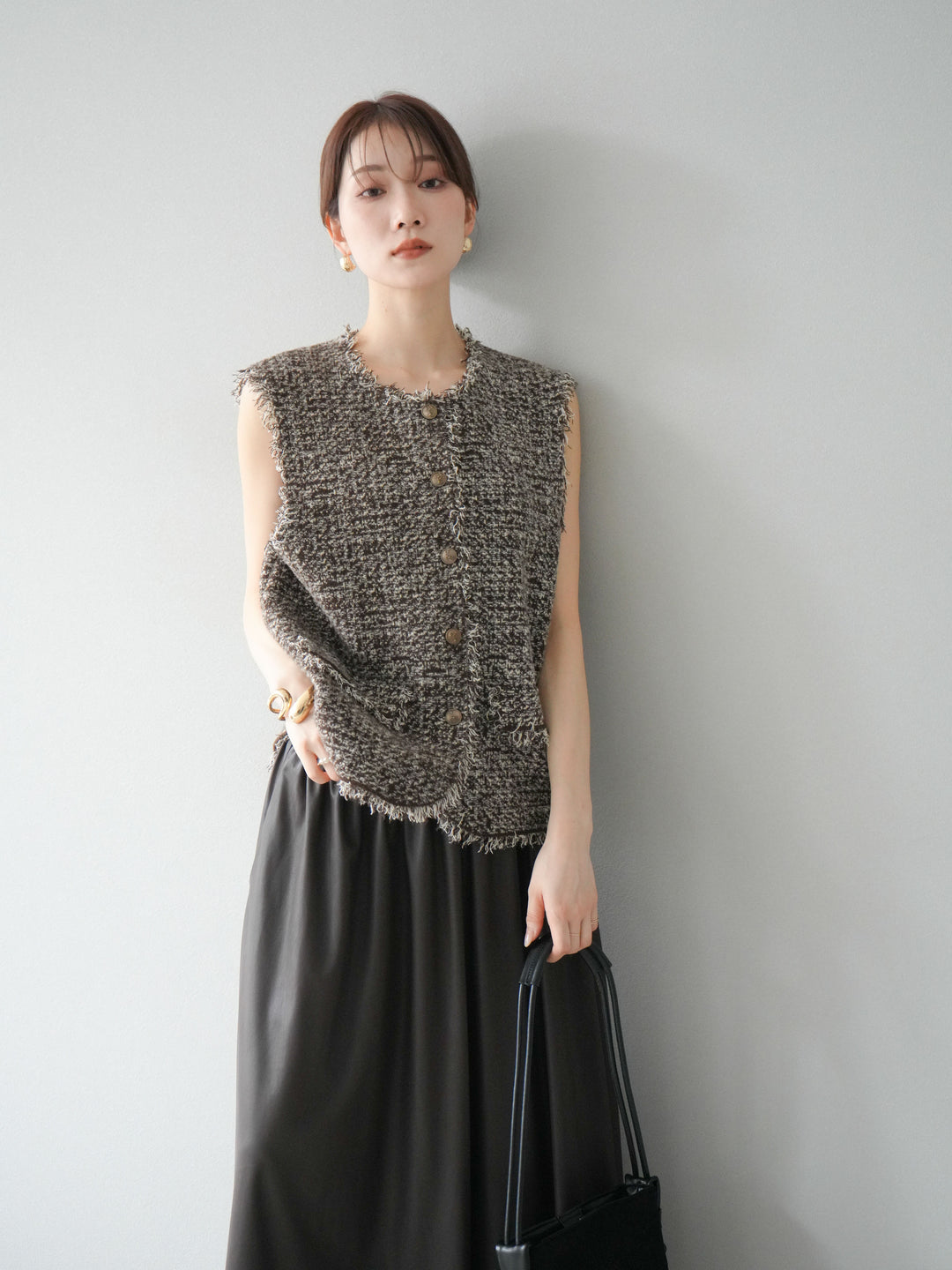 [予約]ミックスツイードフリンジニットベスト/ブラウン