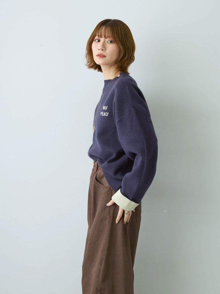 [SET]アルパカタッチバイカラーニットトップス+カラーステッチワイドパンツ(2set)
