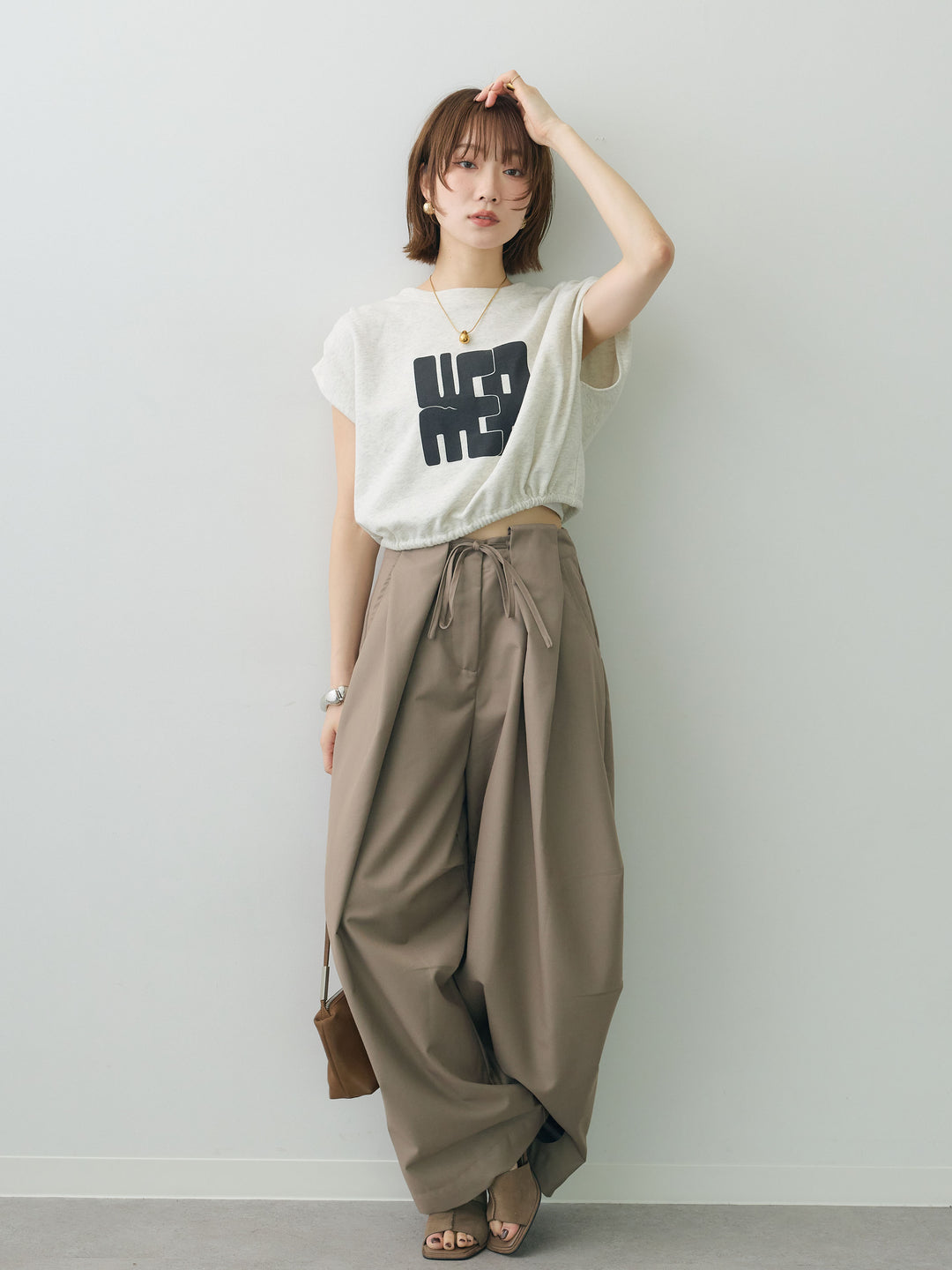 [SET]ダブルタックフレンチスウェットトップス+ベルトループカーブタックワイドパンツ(2set)