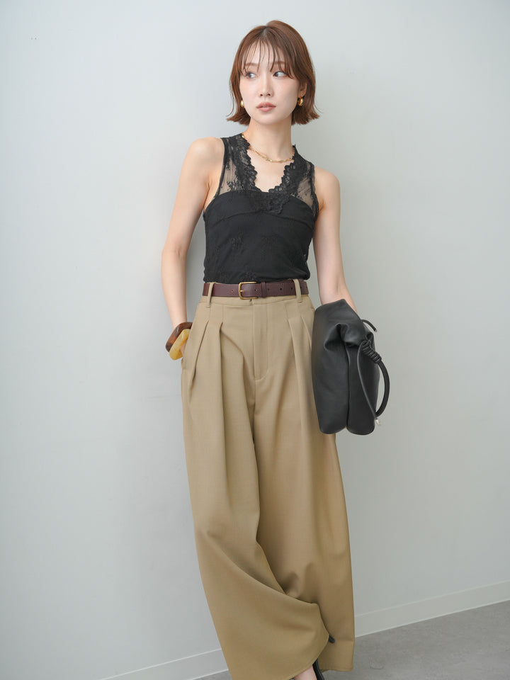 【套裝】花朵蕾絲透視無袖上衣+縐紗褶皺闊腿褲（兩件套）