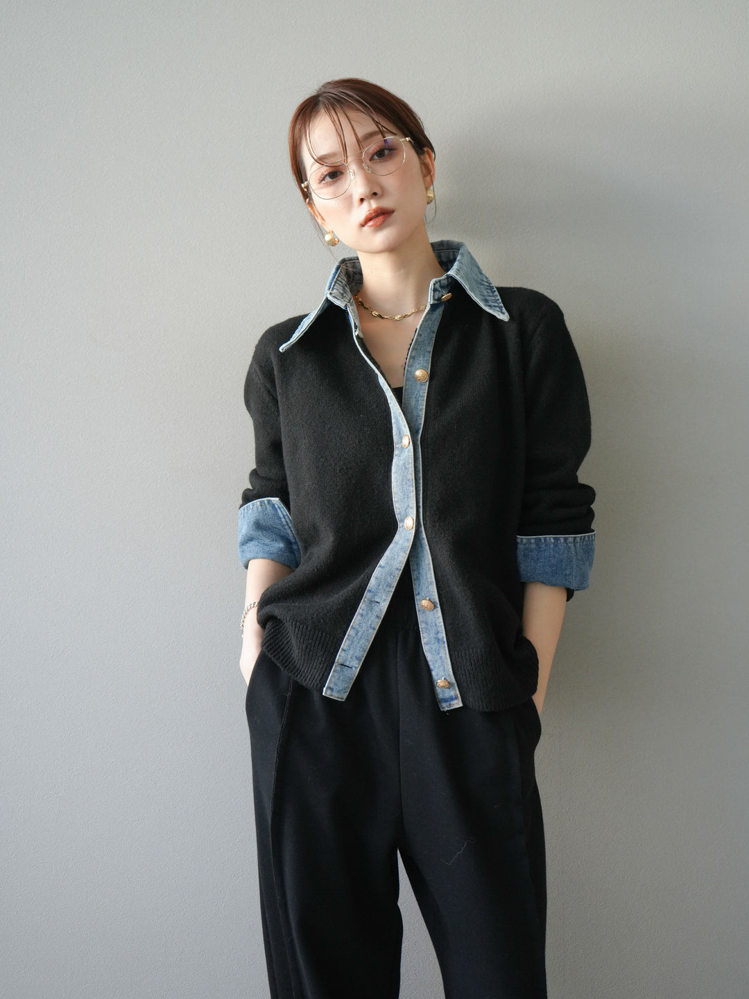 [予約]デニム襟ボタンニットカーディガン/black