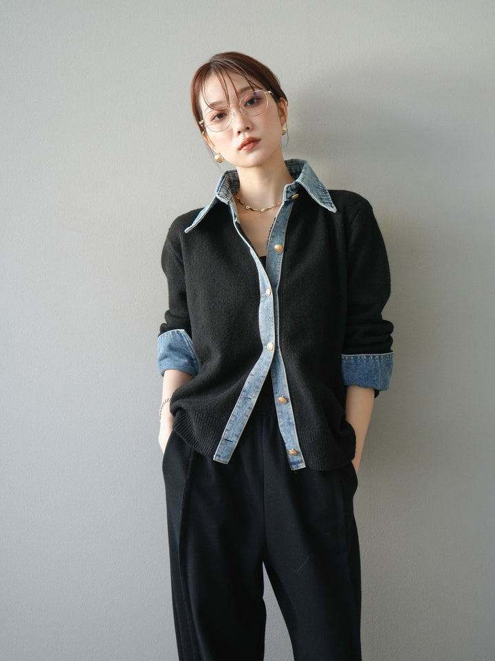 [予約]デニム襟ボタンニットカーディガン/black