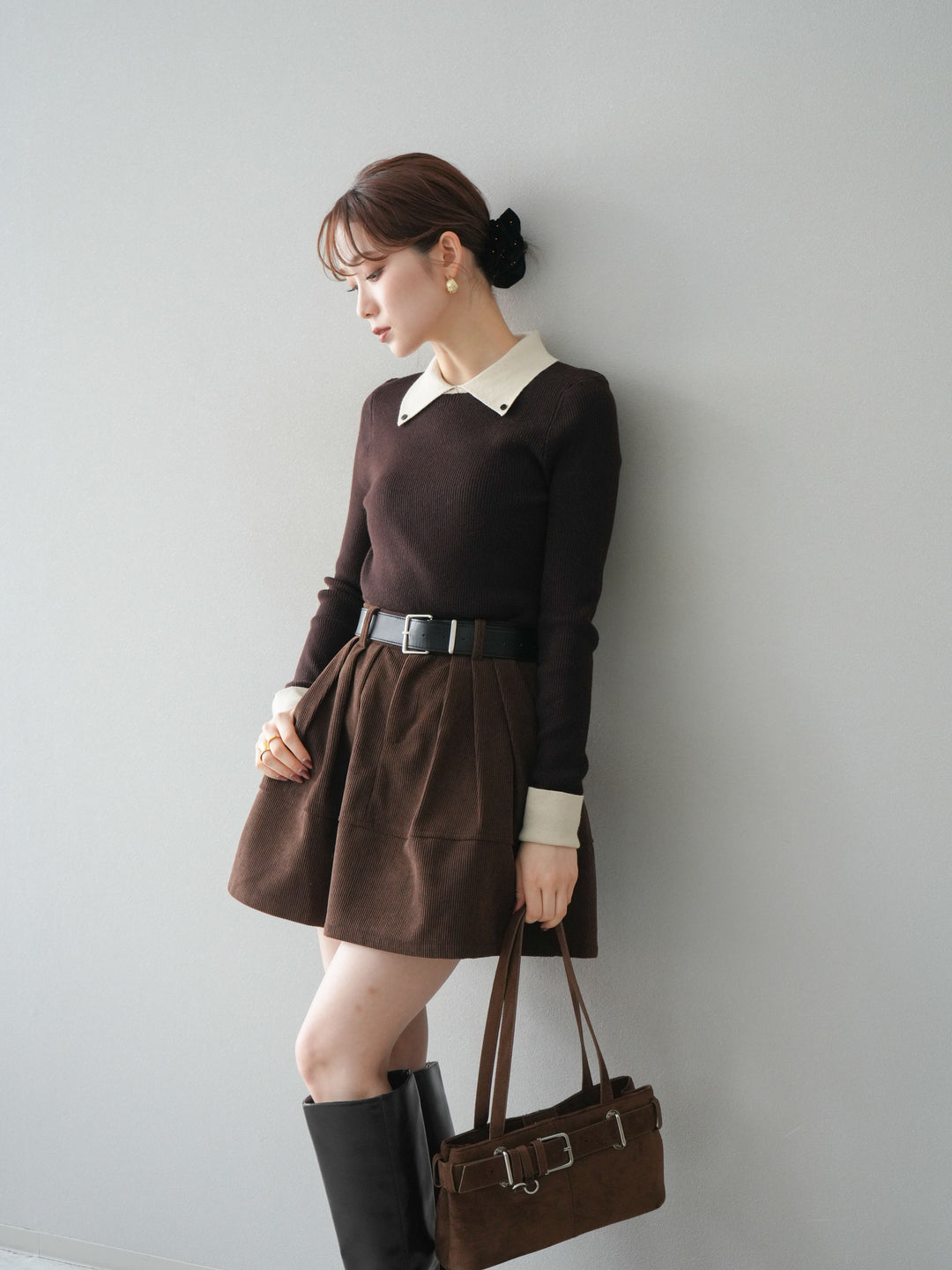 [予約]ニットカフス襟付き配色リブニットトップス/brown