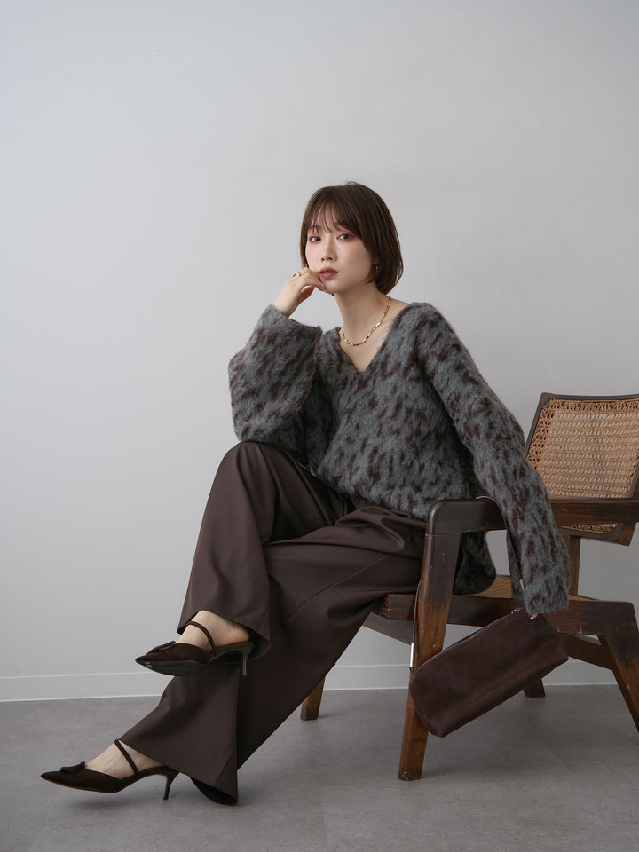[予約]レオパードVネックシャギーニットトップス/gray
