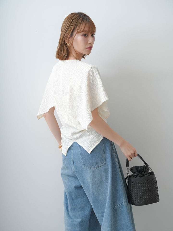 【套裝】提花披肩袖上衣+高腰腰帶環設計牛仔褲（兩件套裝）