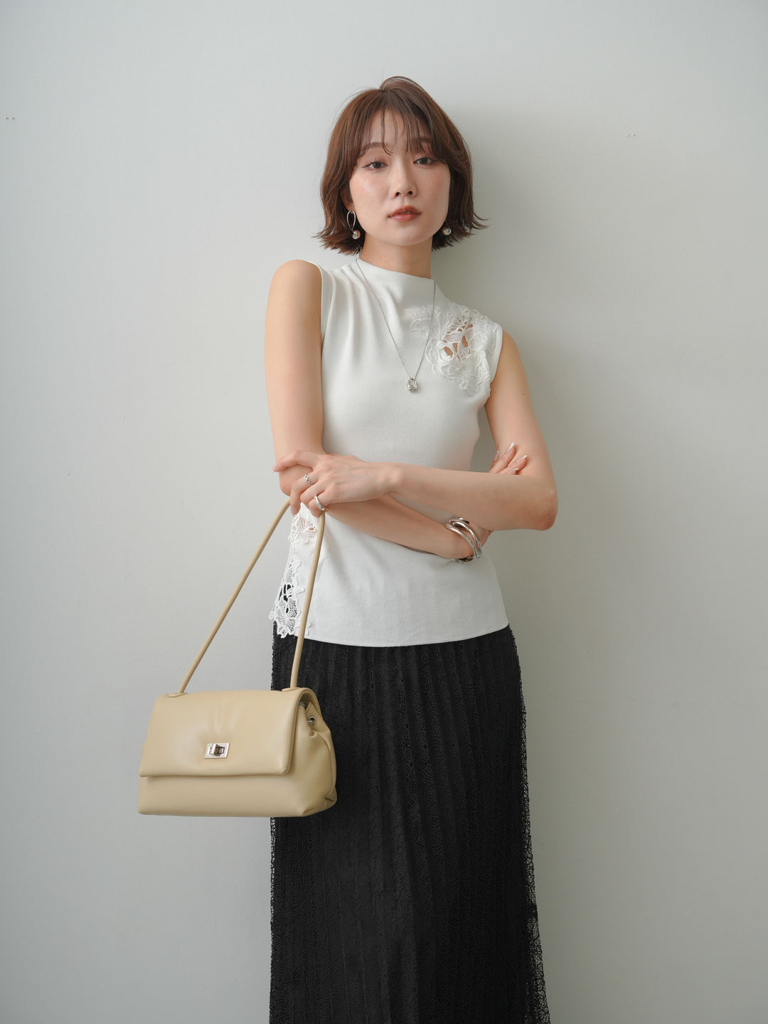 [SET]サイドレースノースリモックニットトップス+フローラルレースプリーツスカート(2set)