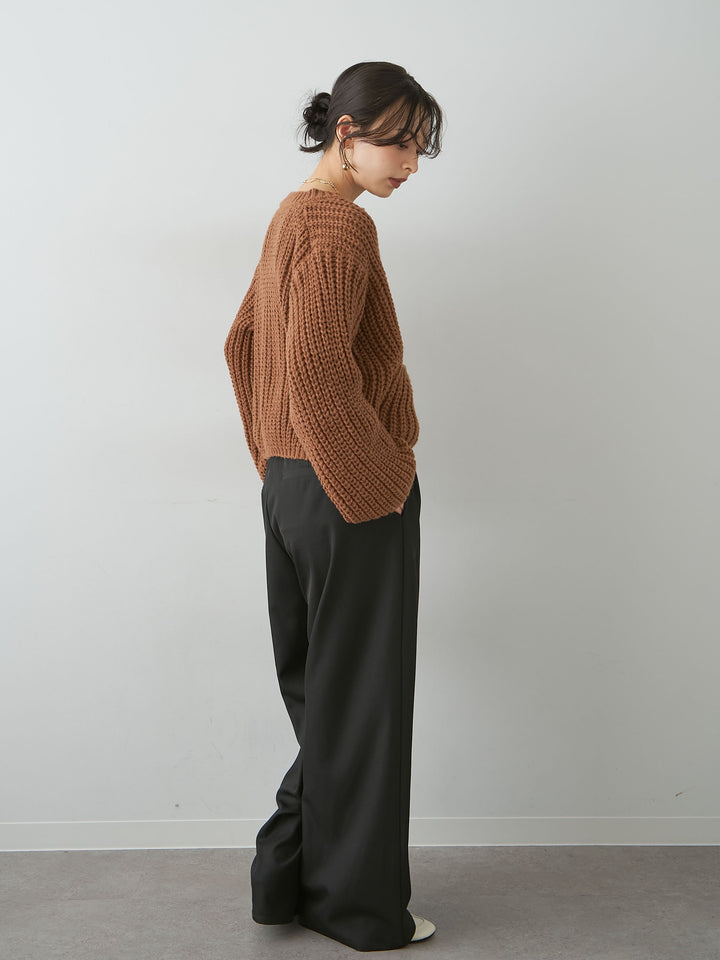 [SET]ビッグゴールドボタンリブニットカーディガン+ツイルタックワイドパンツ(2set)