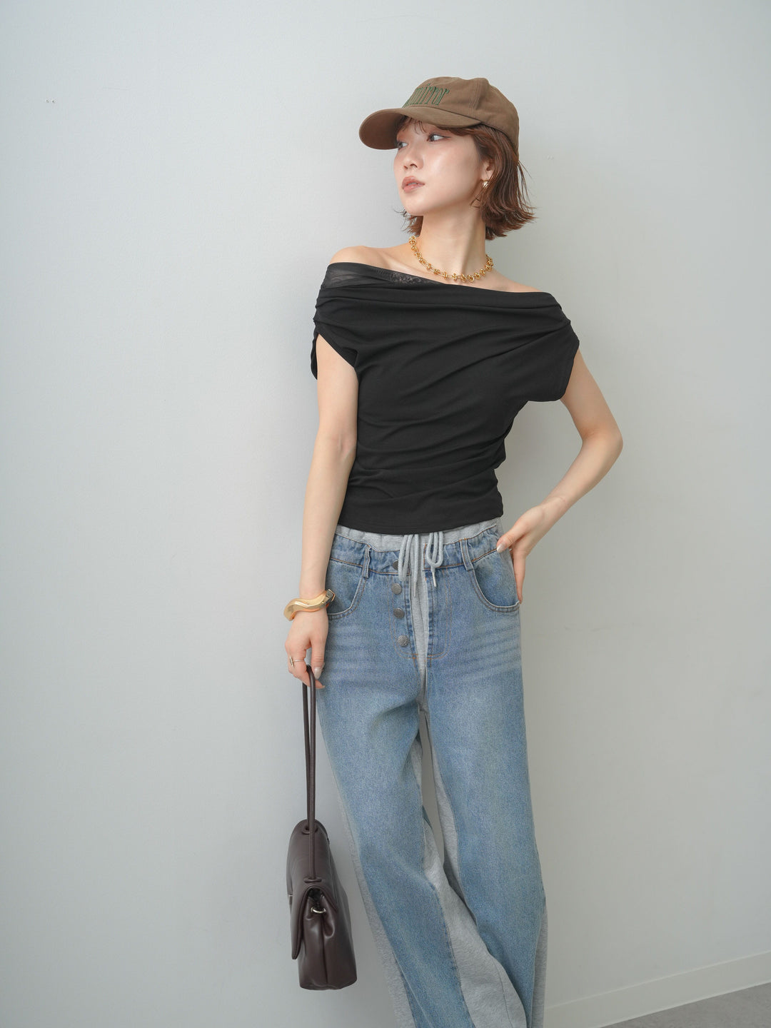 [予約]ネックチュールドレープアシメトップス/black