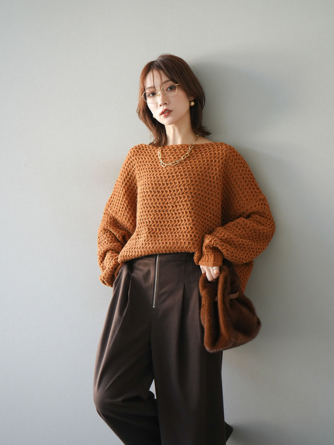 [予約]ネップ透かし編みオーバーニット/camel