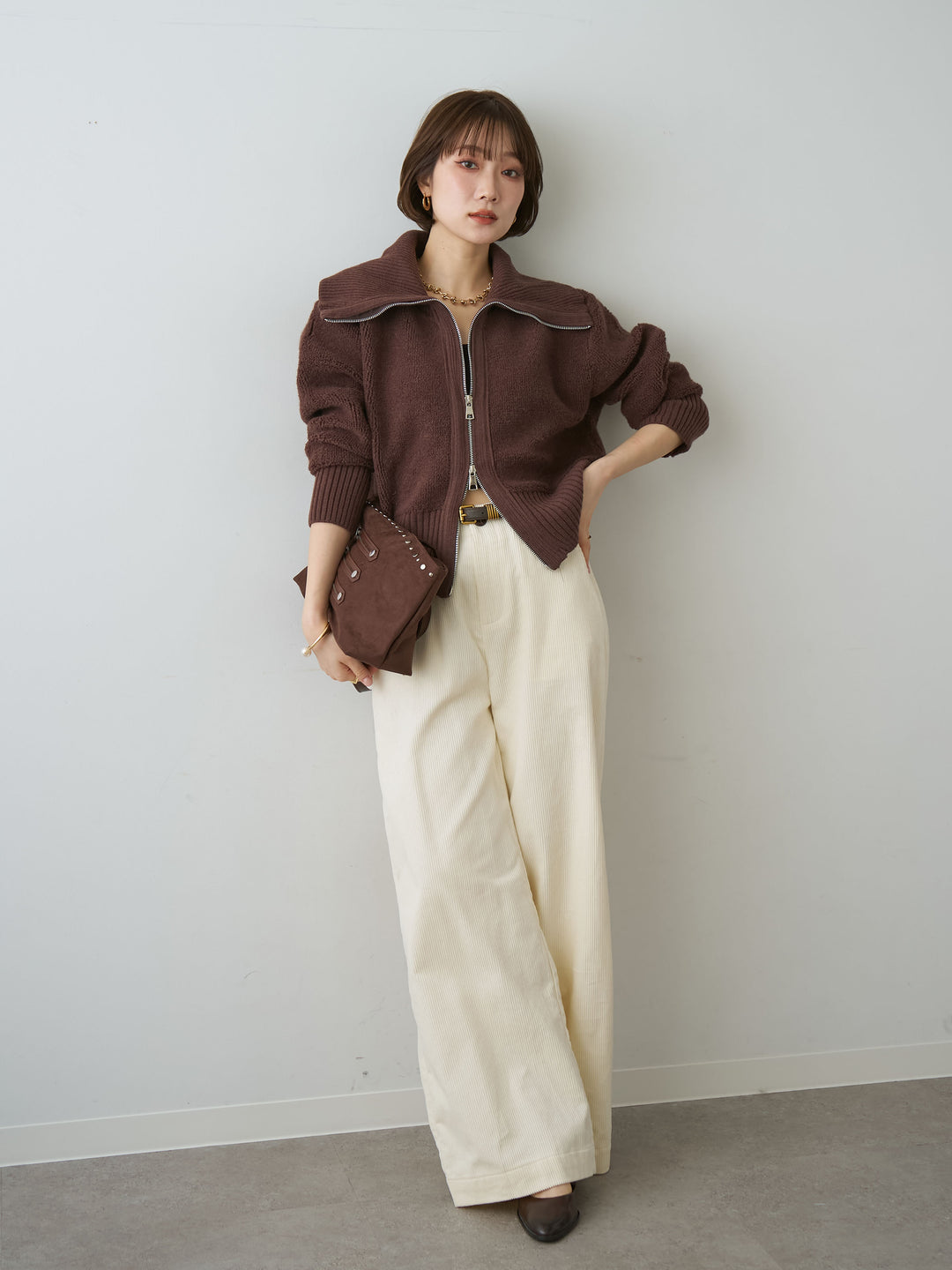 [SET]リブカラー圧縮ブークレニットブルゾン+ベルト付コーディロイワイドストレートパンツ(2set)