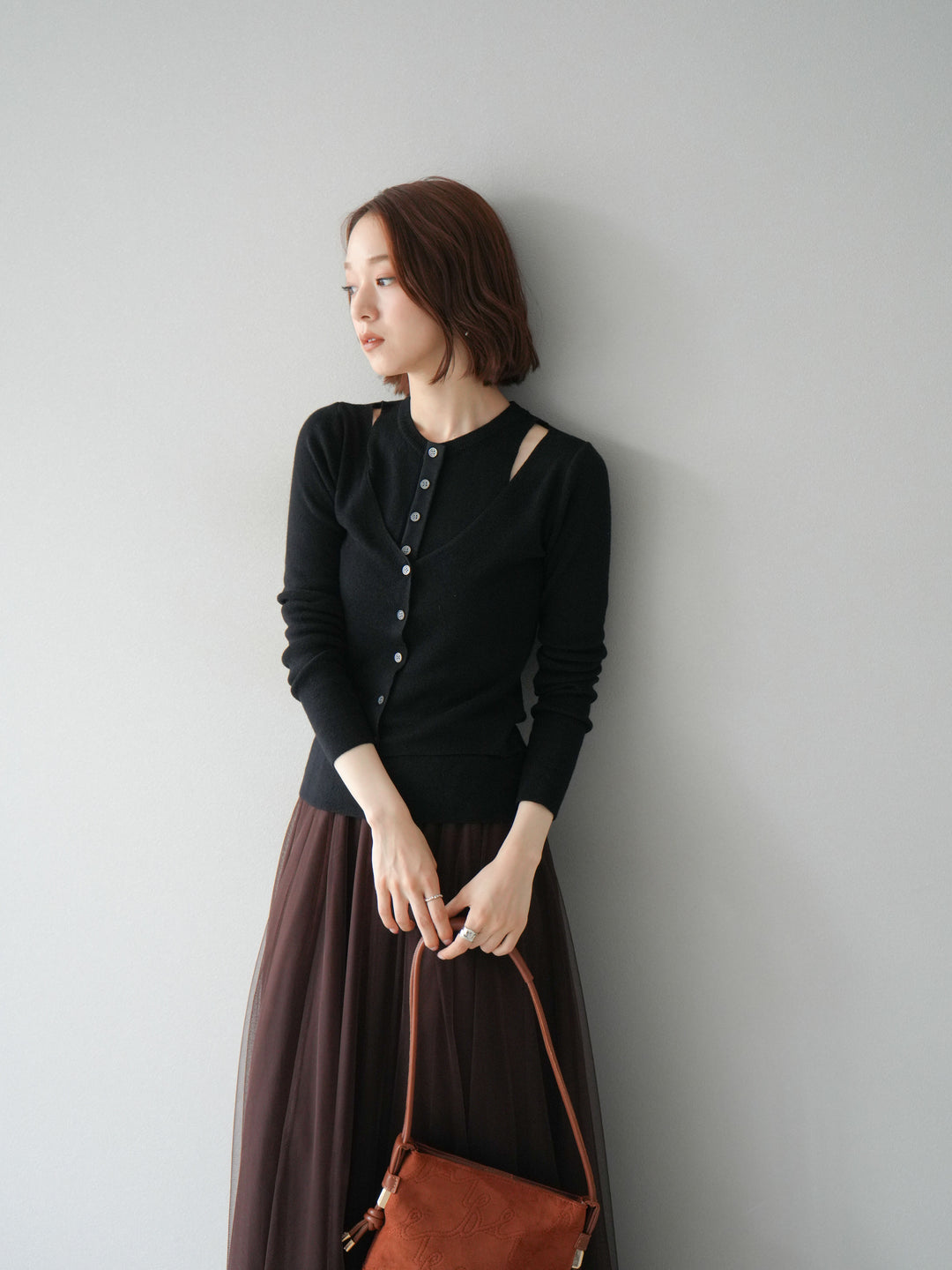[予約]レイヤードデザインニットカーディガン/ブラック