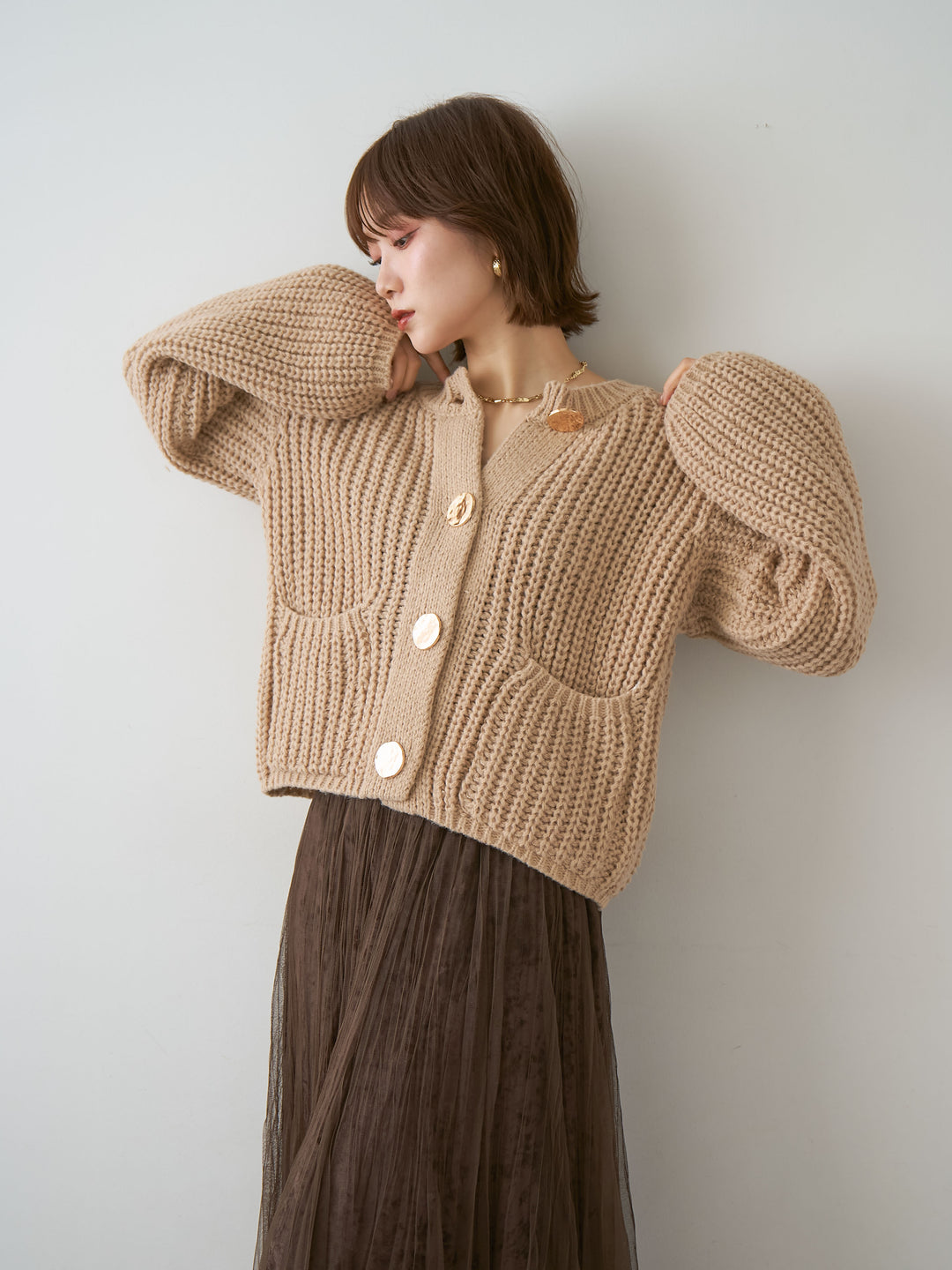 [予約]ビッグゴールドボタンリブニットカーディガン/beige