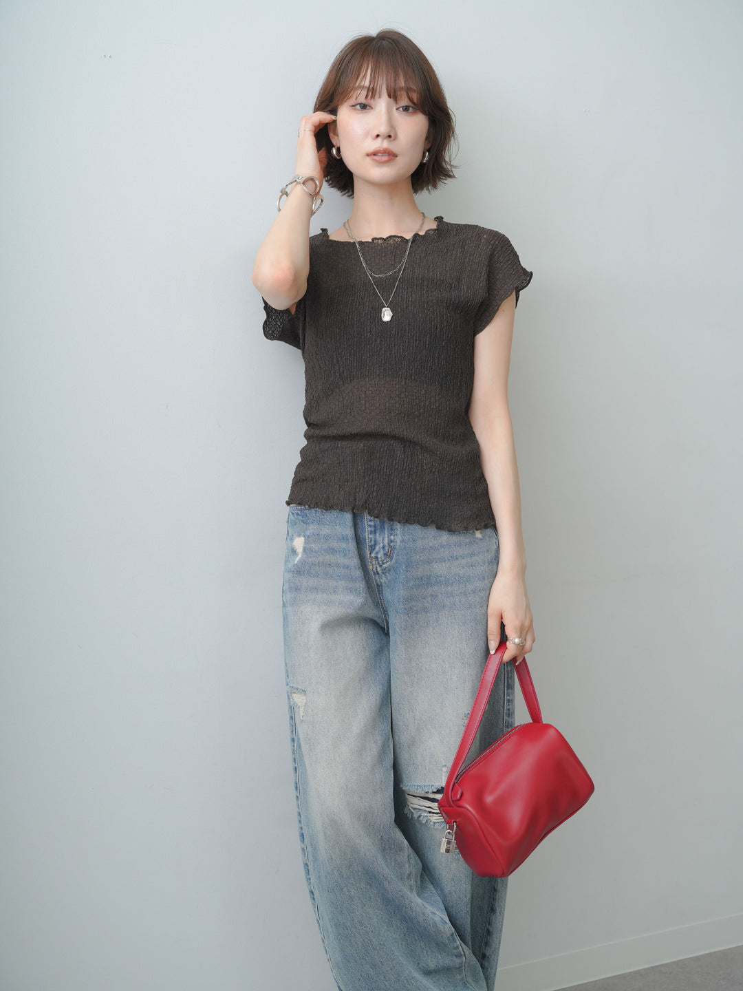 [SET]シャーリングシアーバックオープンフレンチトップス+シャーリングシアーバックオープンフレンチトップス(2set)