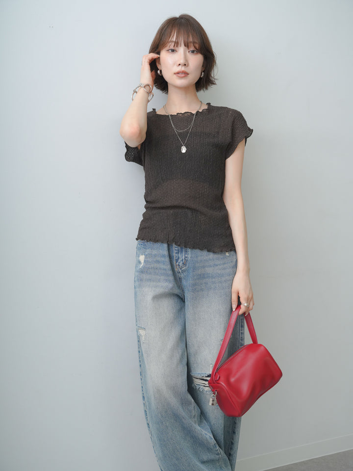 [SET]シャーリングシアーバックオープンフレンチトップス+シャーリングシアーバックオープンフレンチトップス(2set)