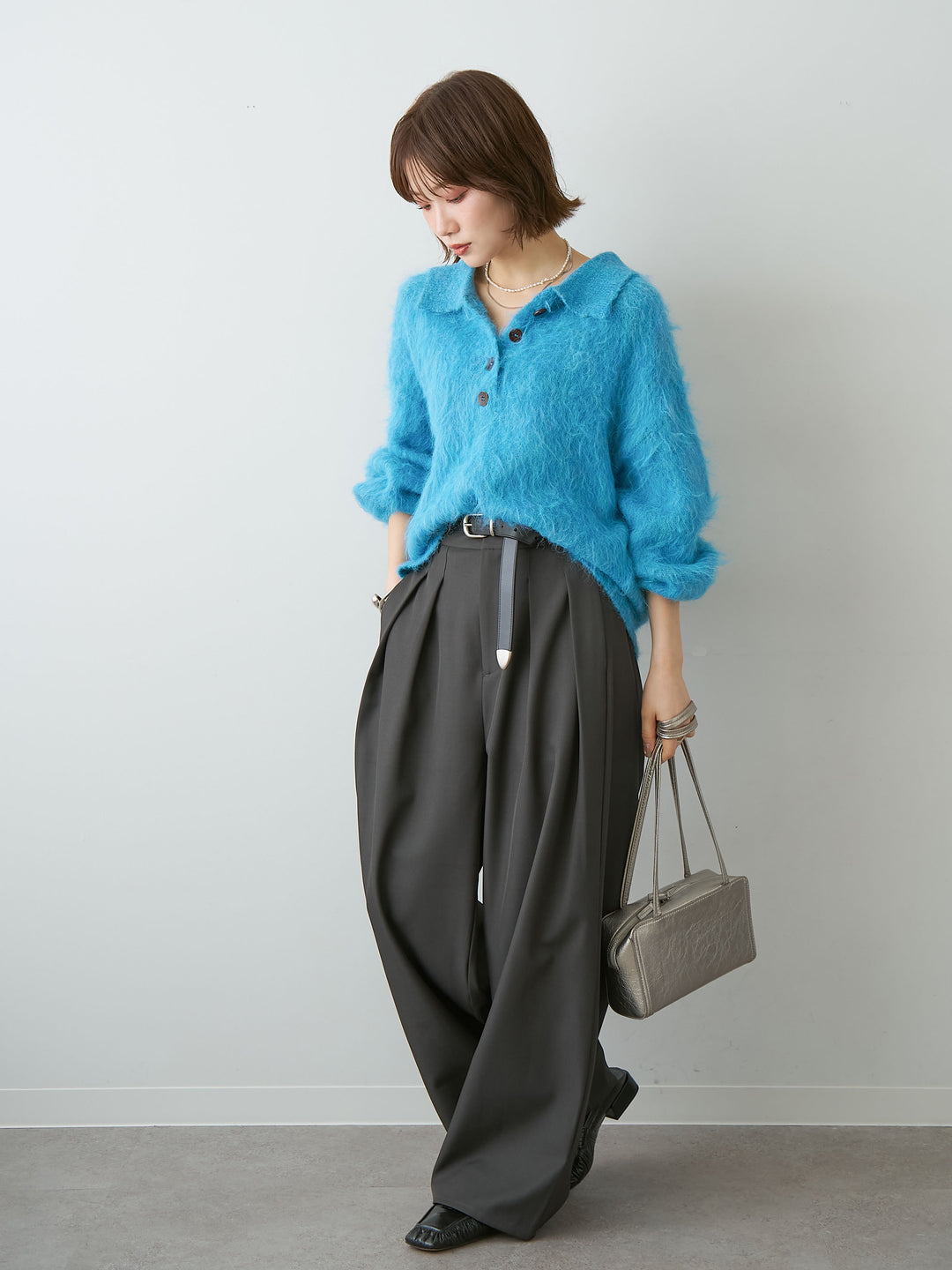 [SET]ヘンリーシャギーニットトップス+ツイルタックワイドパンツ(2set)
