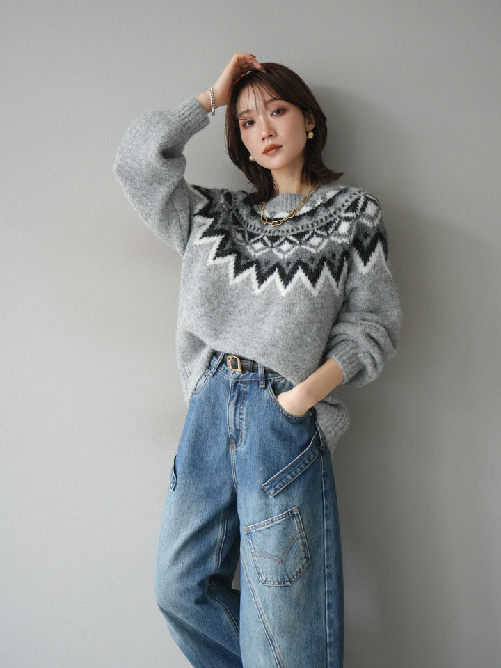 [SET]求心柄オーバーニットプルオーバー+ペインターカーブデニムパンツ(2set)