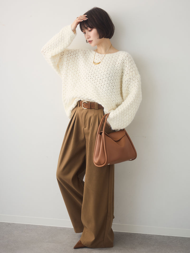 [SET]ニットベルト付ポップコーンプルオーバー+ダブルタックドレープストレートワイドパンツ(2set)