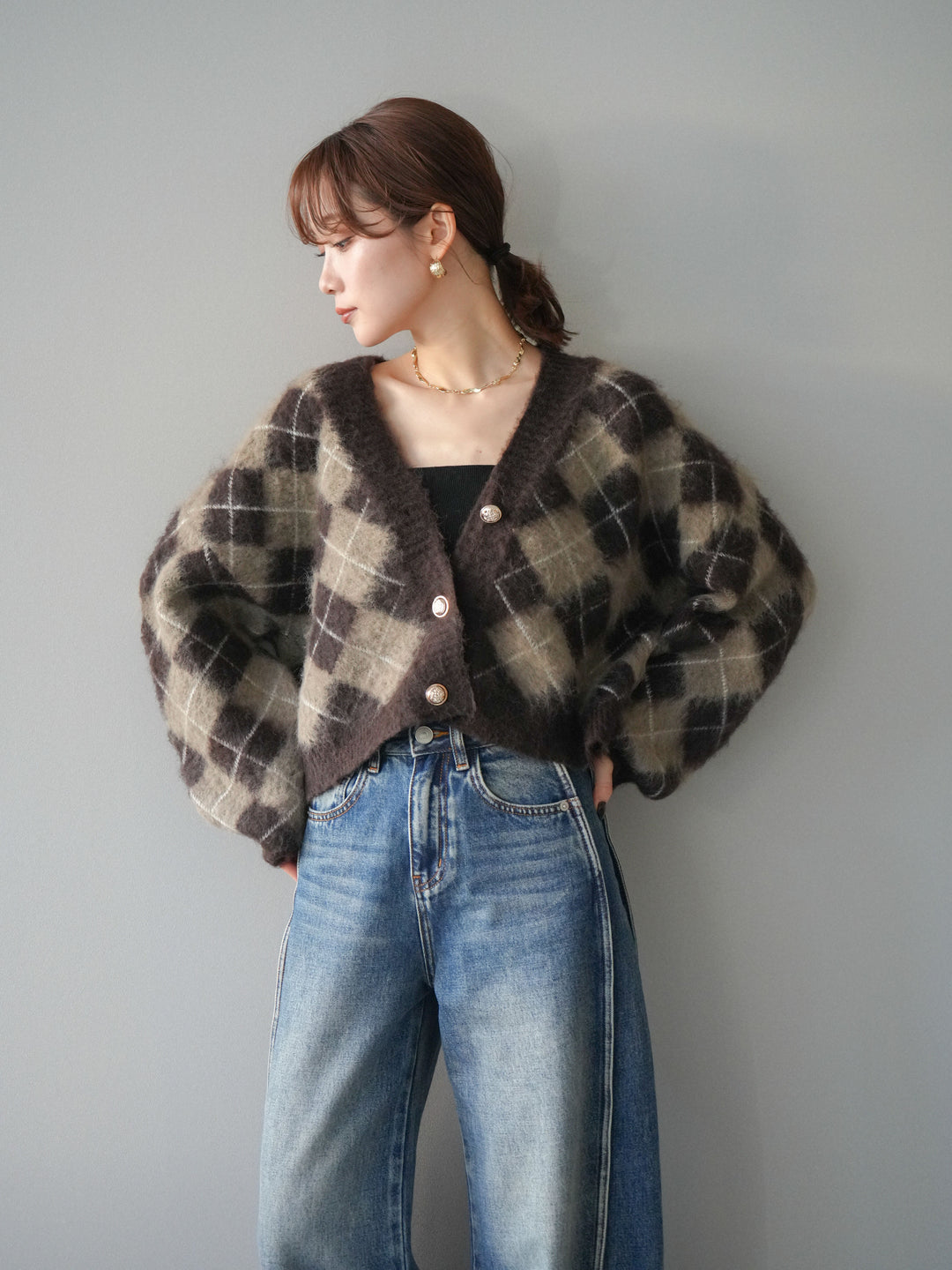 [予約]アーガイルシャギーニットカーディガン/brown