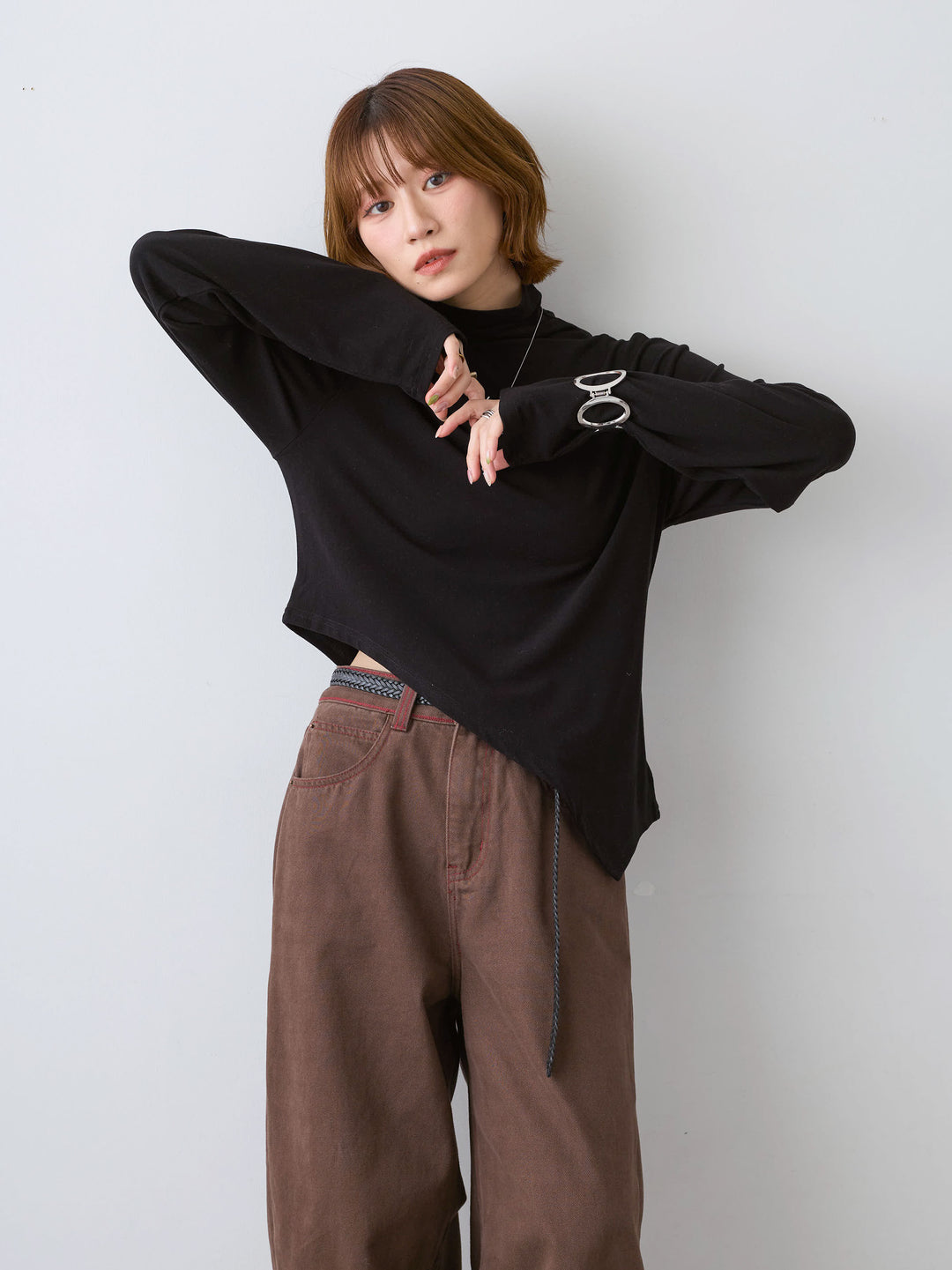 [SET]モックネックアシメヘムトップス+カラーステッチワイドパンツ(2set)