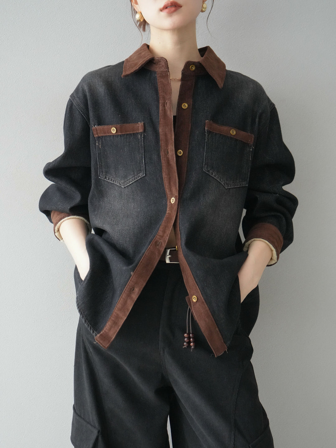 [予約]裏起毛コーデュロイ襟デニムシャツジャケット/black