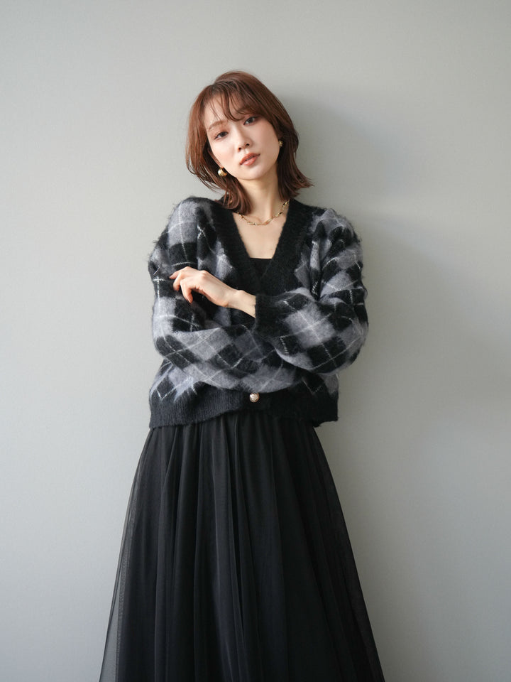 [予約]アーガイルシャギーニットカーディガン/gray