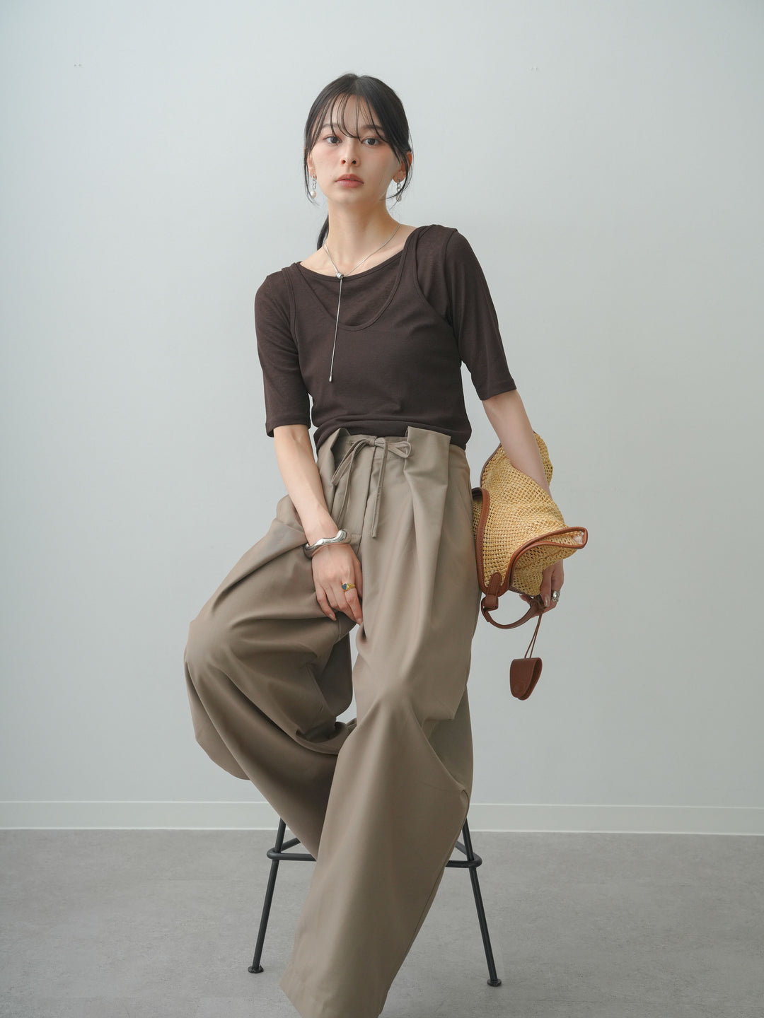 [SET]前後2wayシアーアシメレイヤード風TEE+ベルトループカーブタックワイドパンツ(2set)