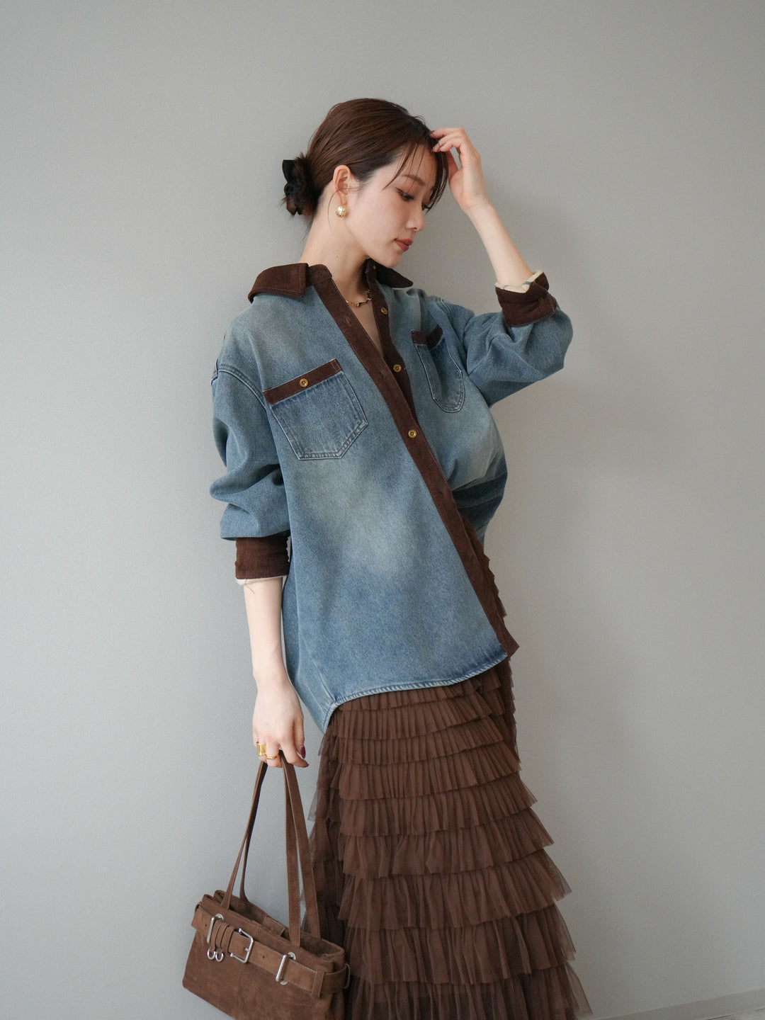 [予約]裏起毛コーデュロイ襟デニムシャツジャケット/ blue