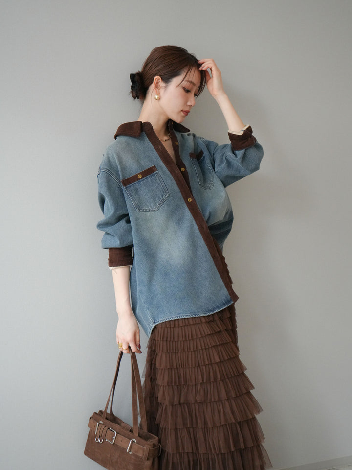 [予約]裏起毛コーデュロイ襟デニムシャツジャケット/ blue