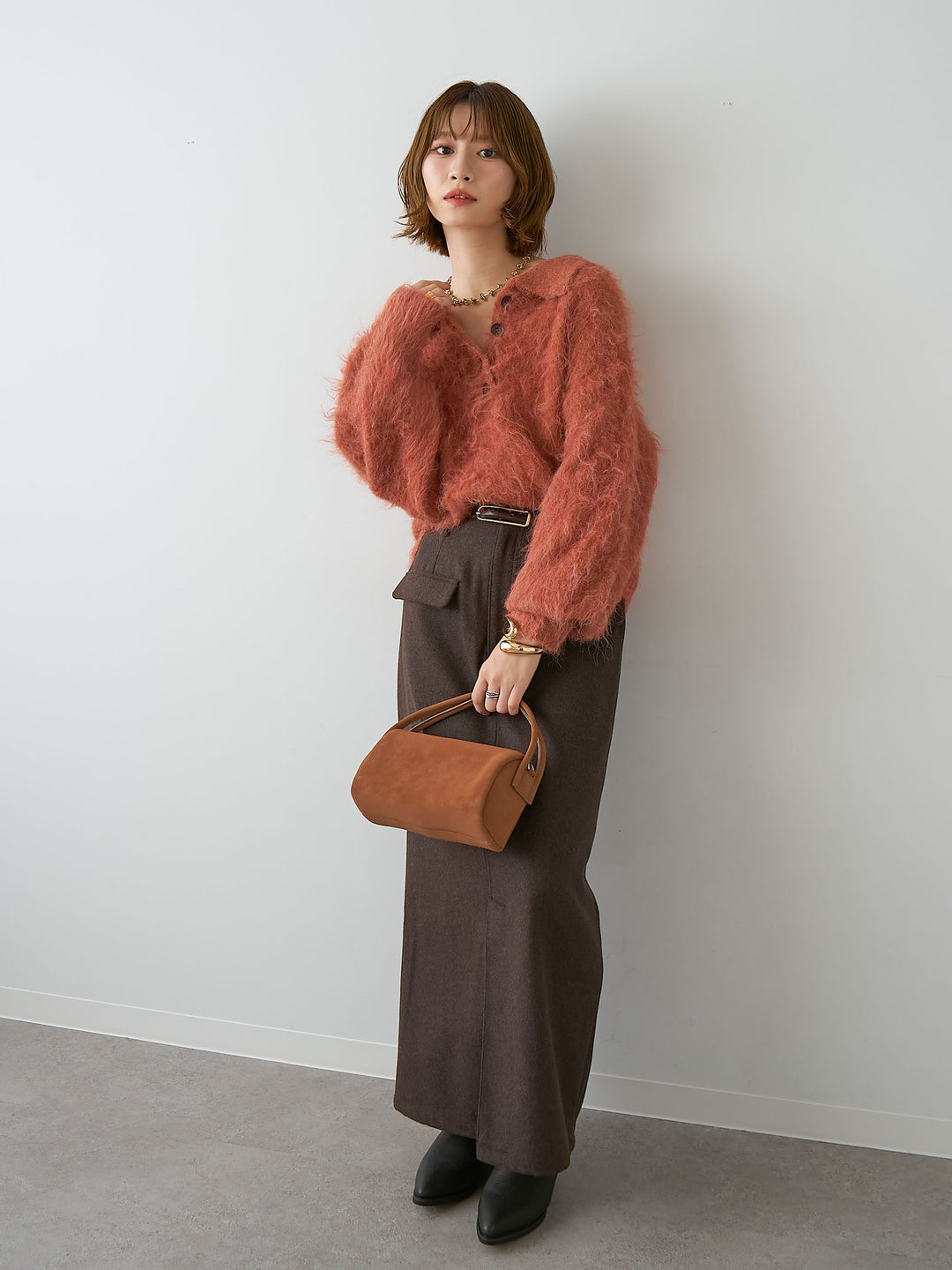 [SET]ヘンリーシャギーニットトップス+メルトンフラップ付ストレートスカート(2set)