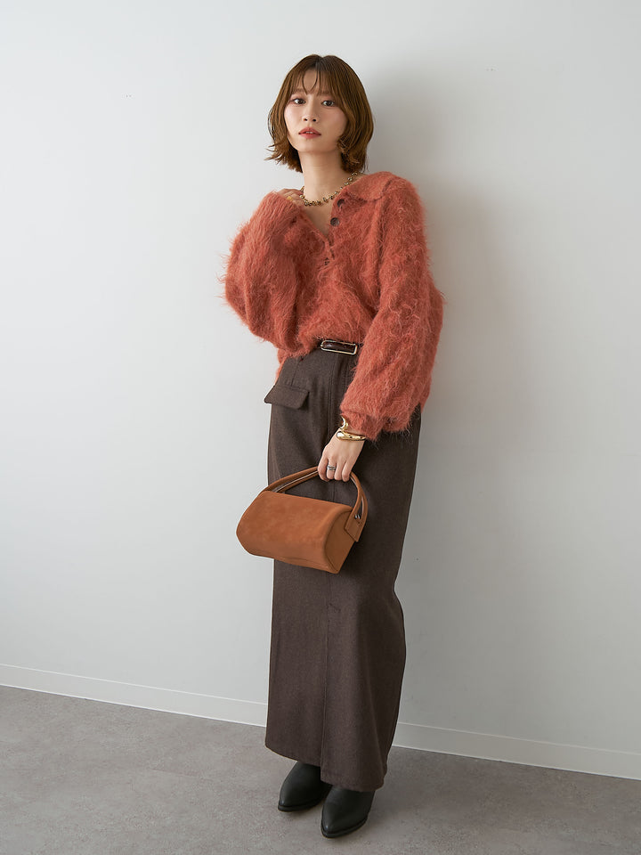 [SET]ヘンリーシャギーニットトップス+メルトンフラップ付ストレートスカート(2set)