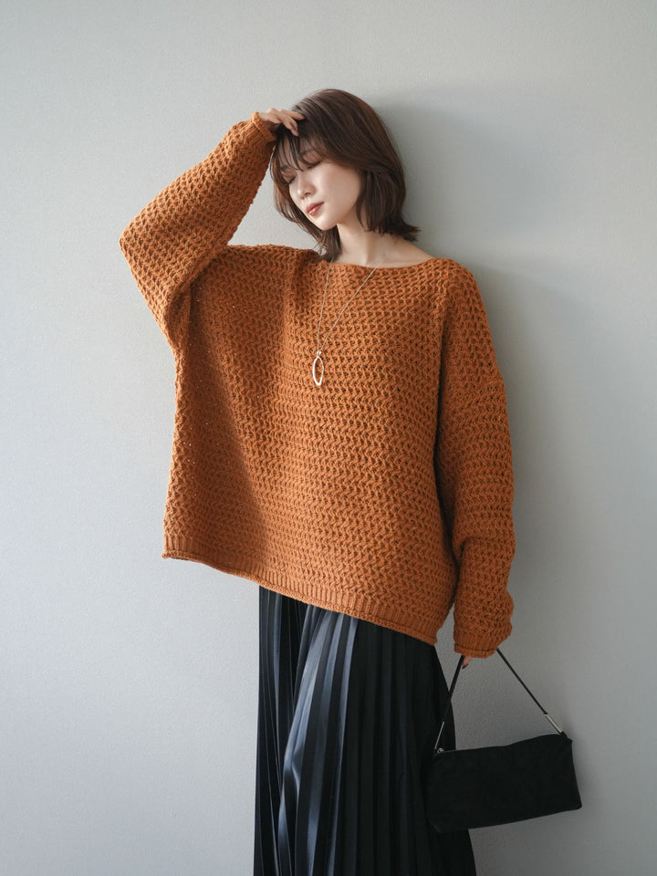 [予約]ネップ透かし編みオーバーニット/camel