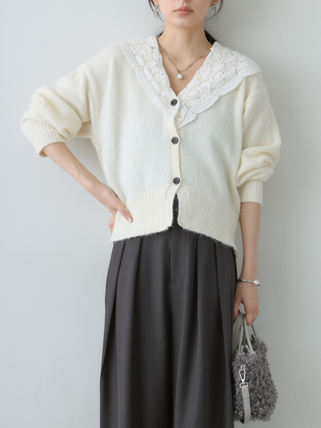[SET]モヘアレースショールカラーカーディガン+ツイルタックワイドパンツ(2set)