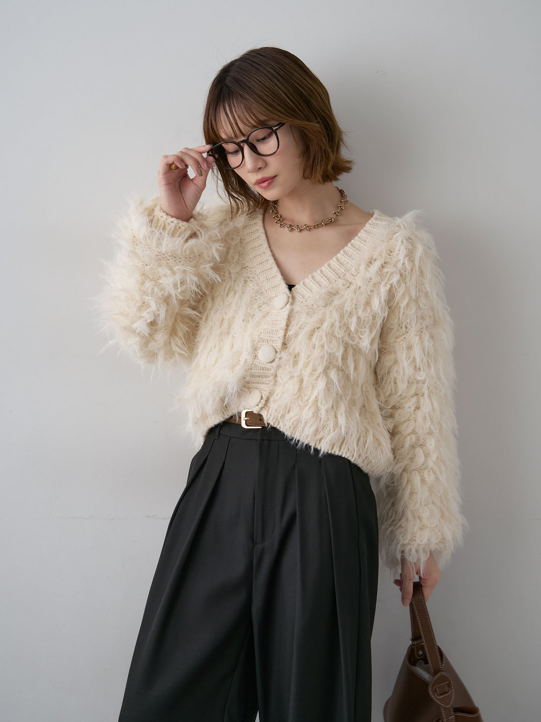 [SET]ループフェザークロップニットカーディガン+カップ付テレコリブベアキャミソール+ツイルタックワイドパンツ(3set)