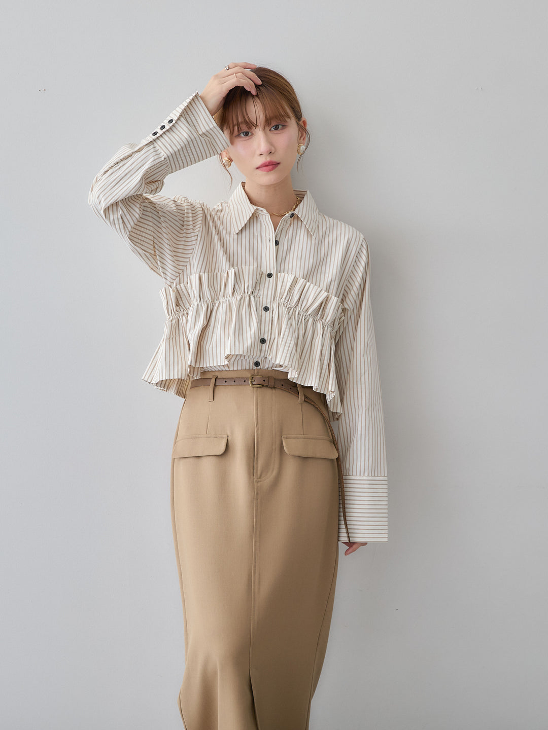 [SET]ストライプフリルシャツ+クレープデシンフラップ付きストレートスカート(2set)