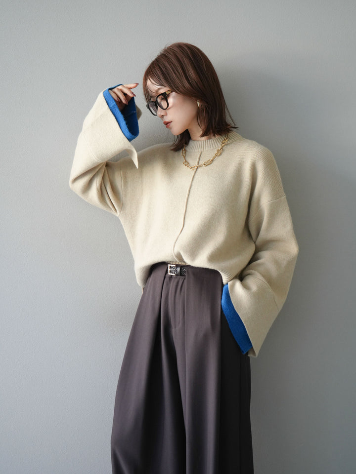 [予約]袖レイヤード配色ニットプルオーバー/ivory