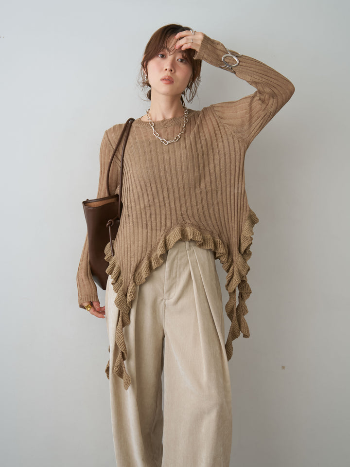 [SET]ヘムフリル透かし編みニットトップス+ベロアデニムタックワイドパンツ(2set)