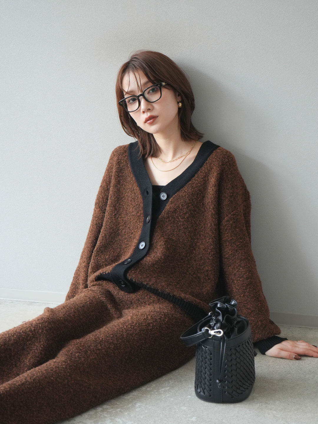 [SET]ブークレバイカラーニットカーディガン+ブークレバイカラータイトニットスカート(2set)