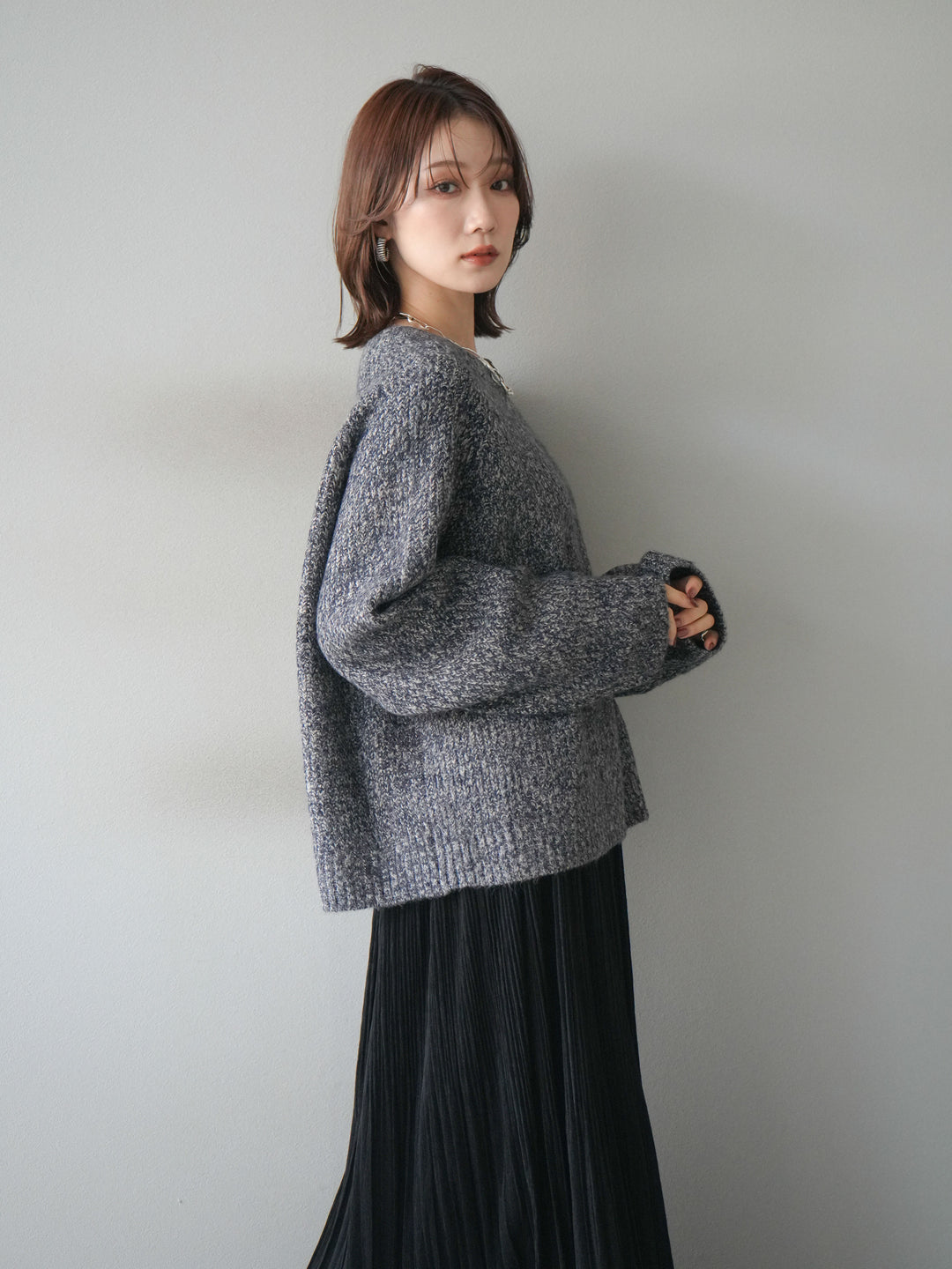 [予約]クルーネック畦編みミックスニット/navy