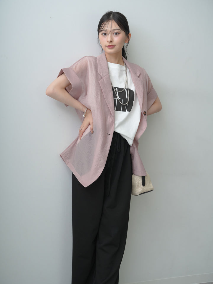 [SET]シアーオーバー半袖ジャケット+ショルダータックノースリーブオーバーTEE+リラックスドレープスウェットパンツ(3set)