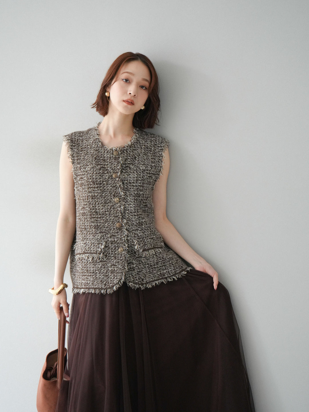 [予約]ミックスツイードフリンジニットベスト/ブラウン