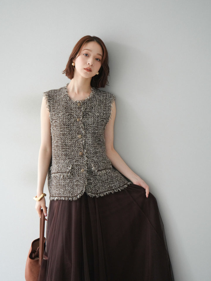 [予約]ミックスツイードフリンジニットベスト/ブラウン