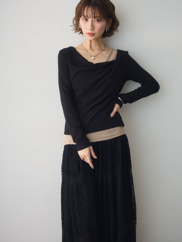 [予約]バイカラーアシメレイヤードデザイントップス/black