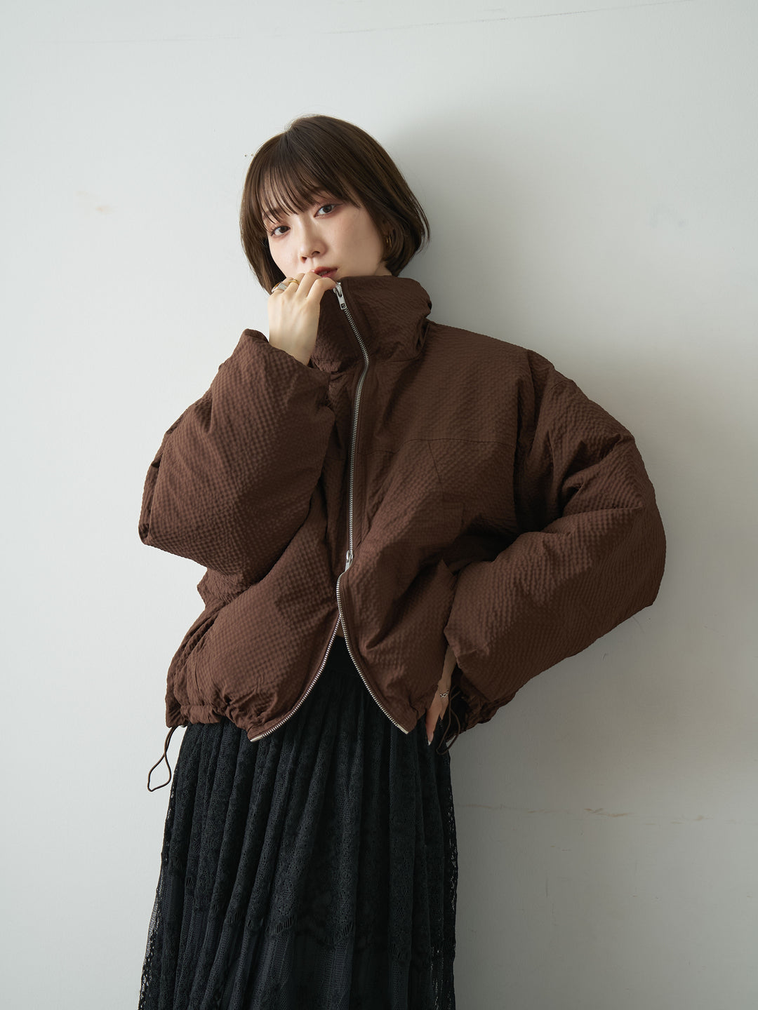 [予約]スタンドカラーショートパフジャケット/brown