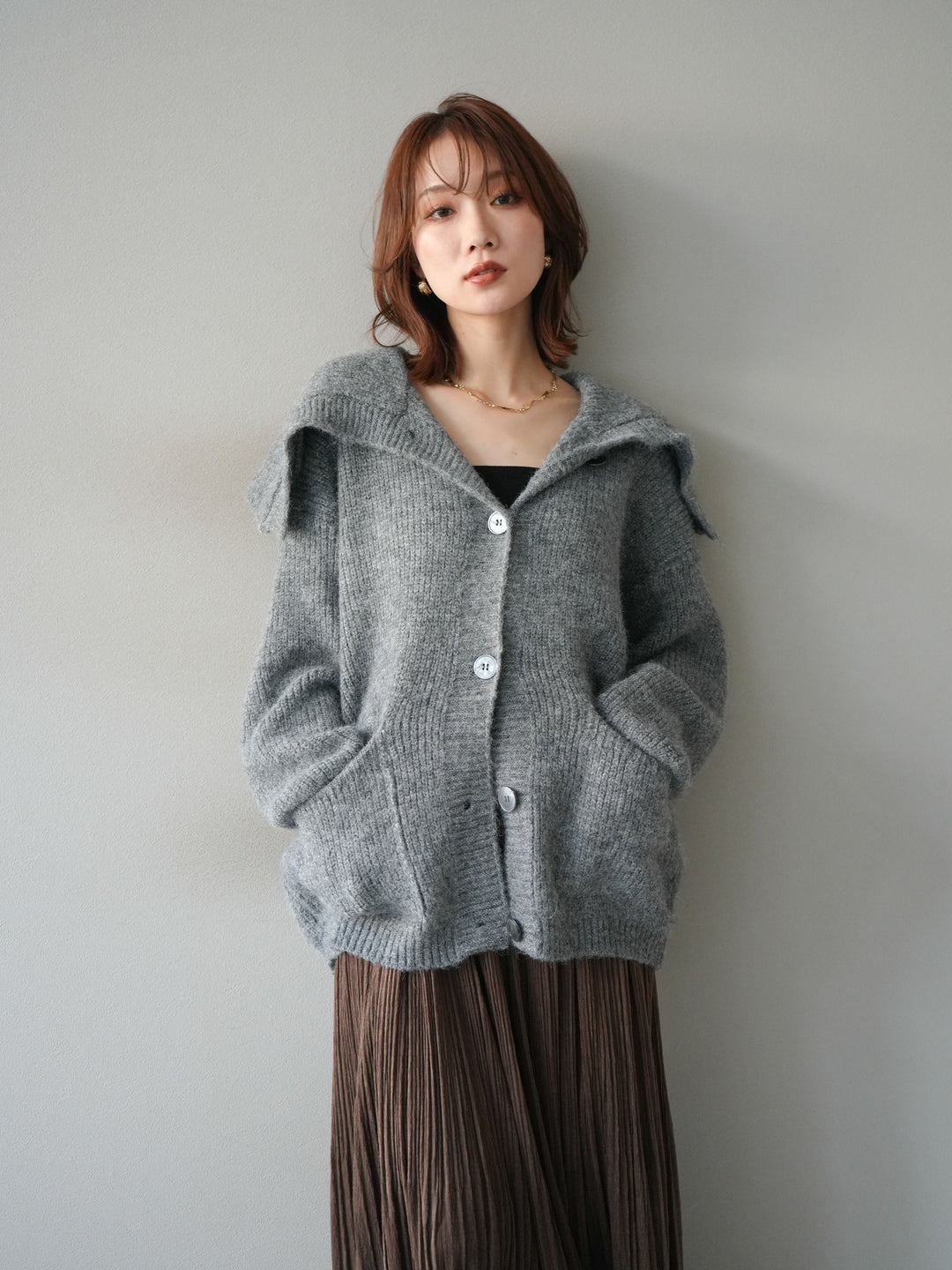 [予約]襟付きボタンオーバーニットカーディガン/gray
