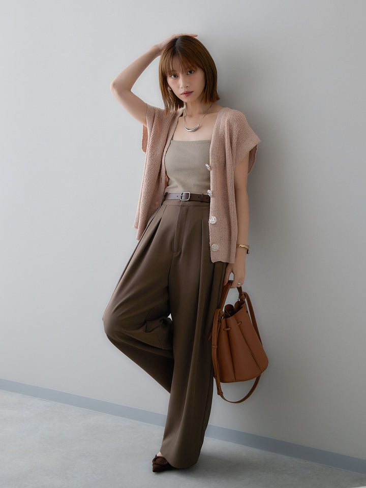 [SET]ゴールドボタンリブニットベスト+クレープデシンタックワイドパンツ(2set)