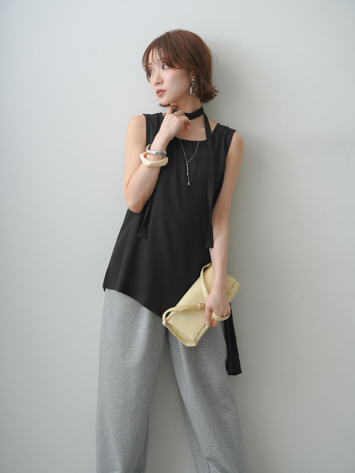 [予約]タイ付アシメヘムノースリトップス/black