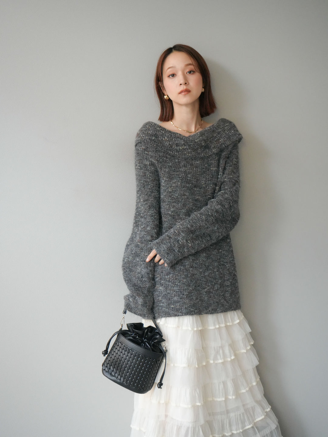 [予約]ミックスヤーンオフショルルーズニットプルオーバー/グレー