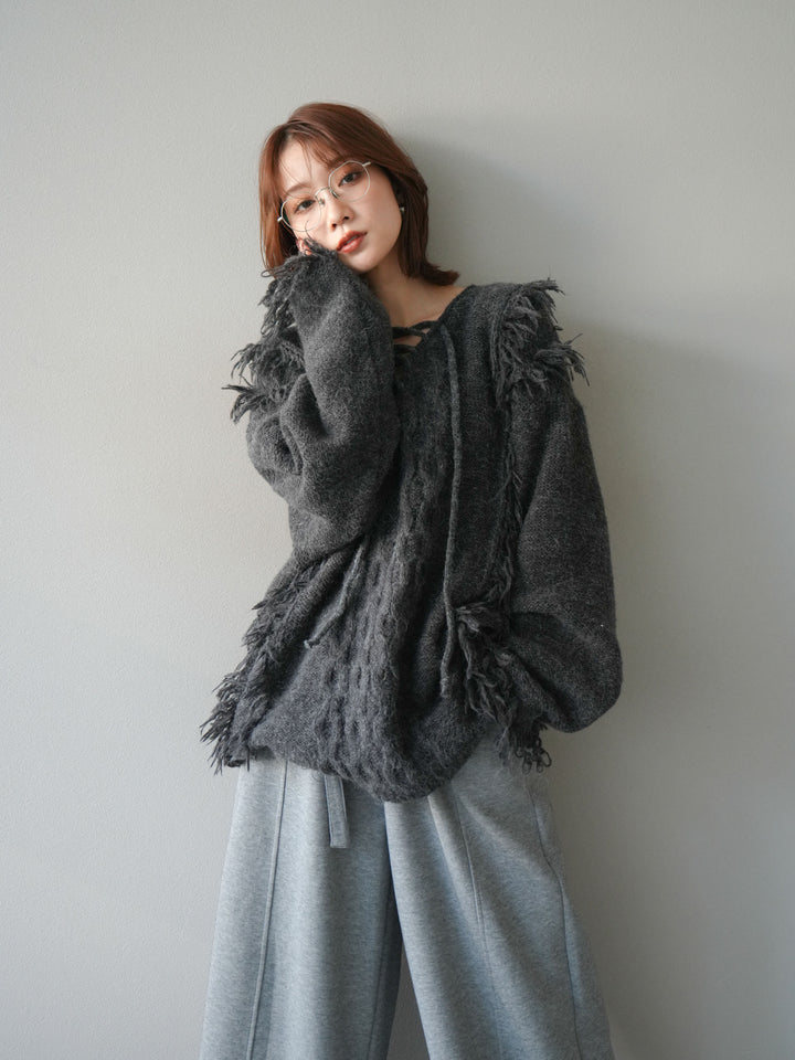 [予約]レースアップフリンジニットプルオーバー/gray