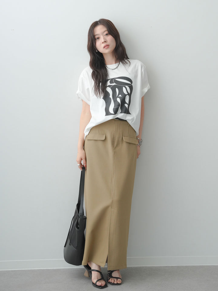 [SET]クールタッチアートロゴオーバーTEE+クレープデシンフラップ付きストレートスカート(2set)