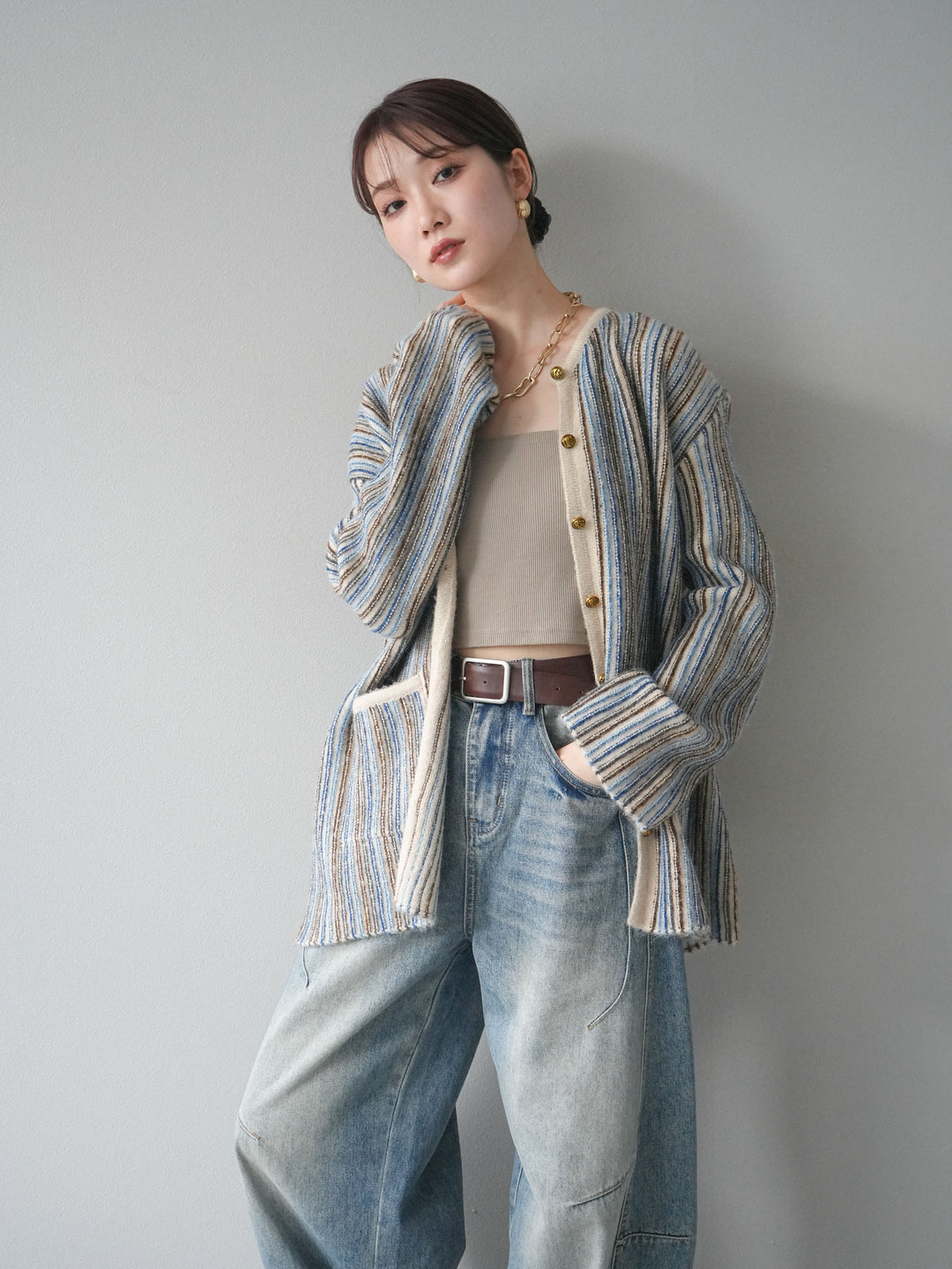 [予約]アンティークボタンストライプニットカーディガン/ivory